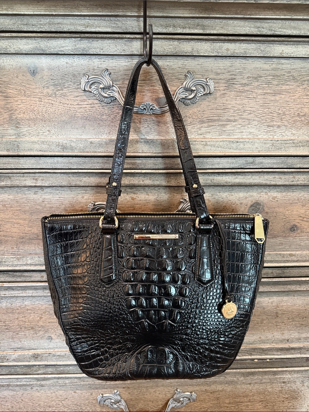 Brahmin Black Croc-Embossed Leather Small Tote with Gold Hardware